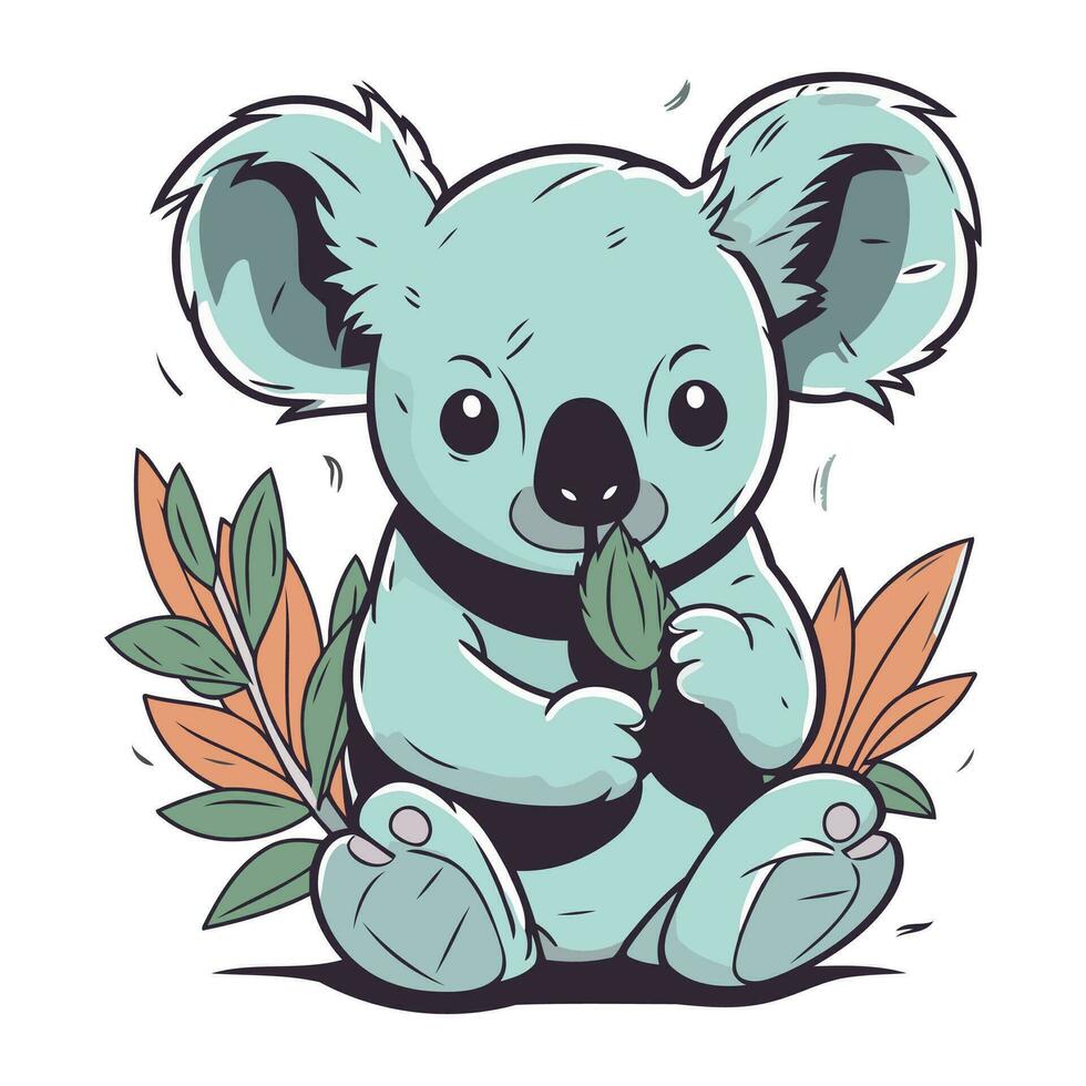 Cute cartoon koala sitting on the ground with leaves. Vector illustration.