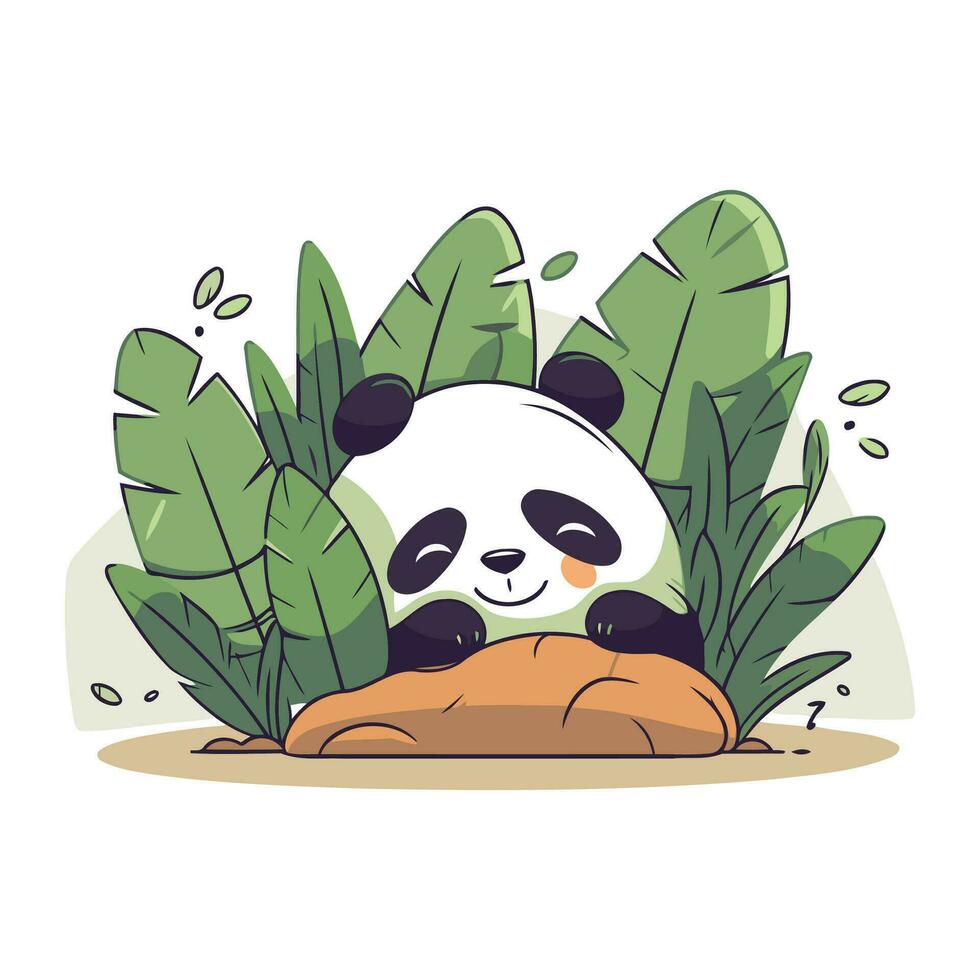 Cute panda sitting on a rock in the jungle. Vector illustration.