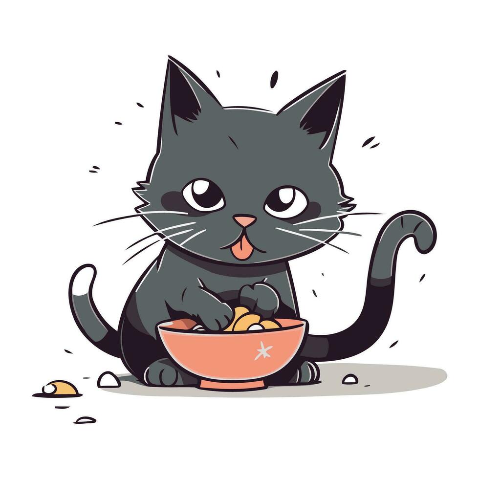 linda dibujos animados negro gato comiendo comida desde bol. vector ilustración.
