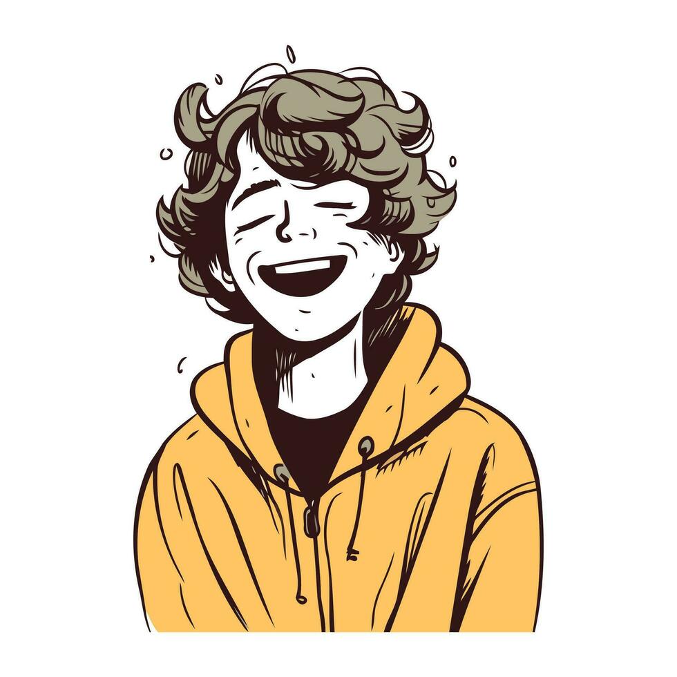 Vector illustration of a man in a yellow raincoat laughing. Cartoon style.