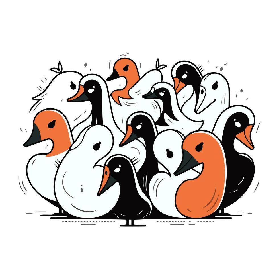 Vector illustration of a flock of swans. Hand drawn sketch.