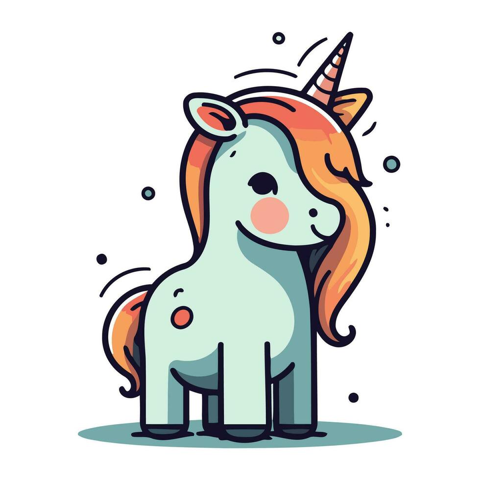 Cute cartoon unicorn with long mane and tail. Vector illustration.