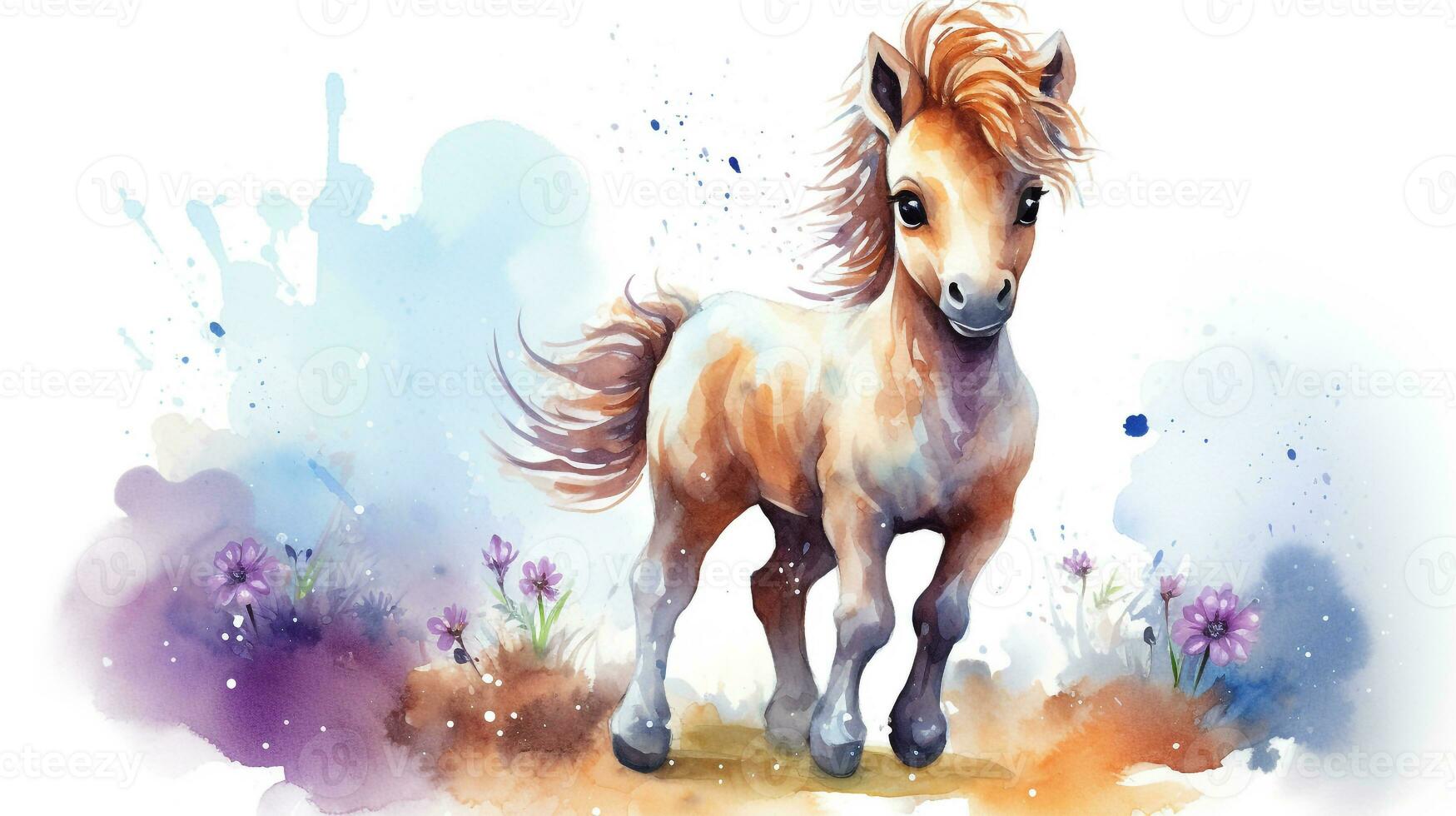 a cute little Horse in watercolor style. Generative AI photo