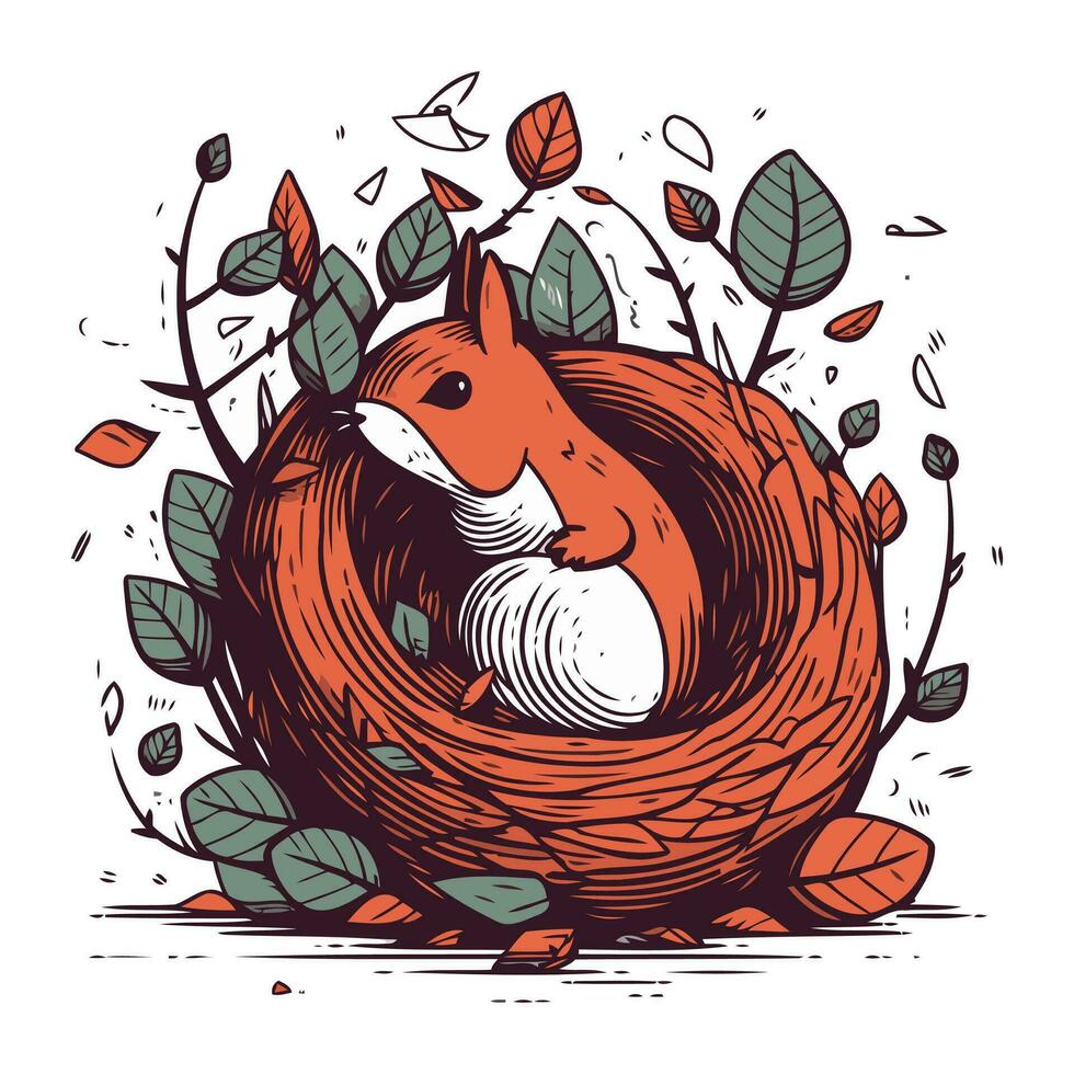 Hand drawn vector illustration of a squirrel in a nest of leaves.