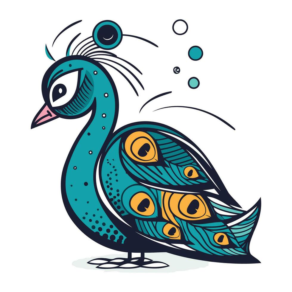 Peacock. Hand drawn vector illustration in doodle style.