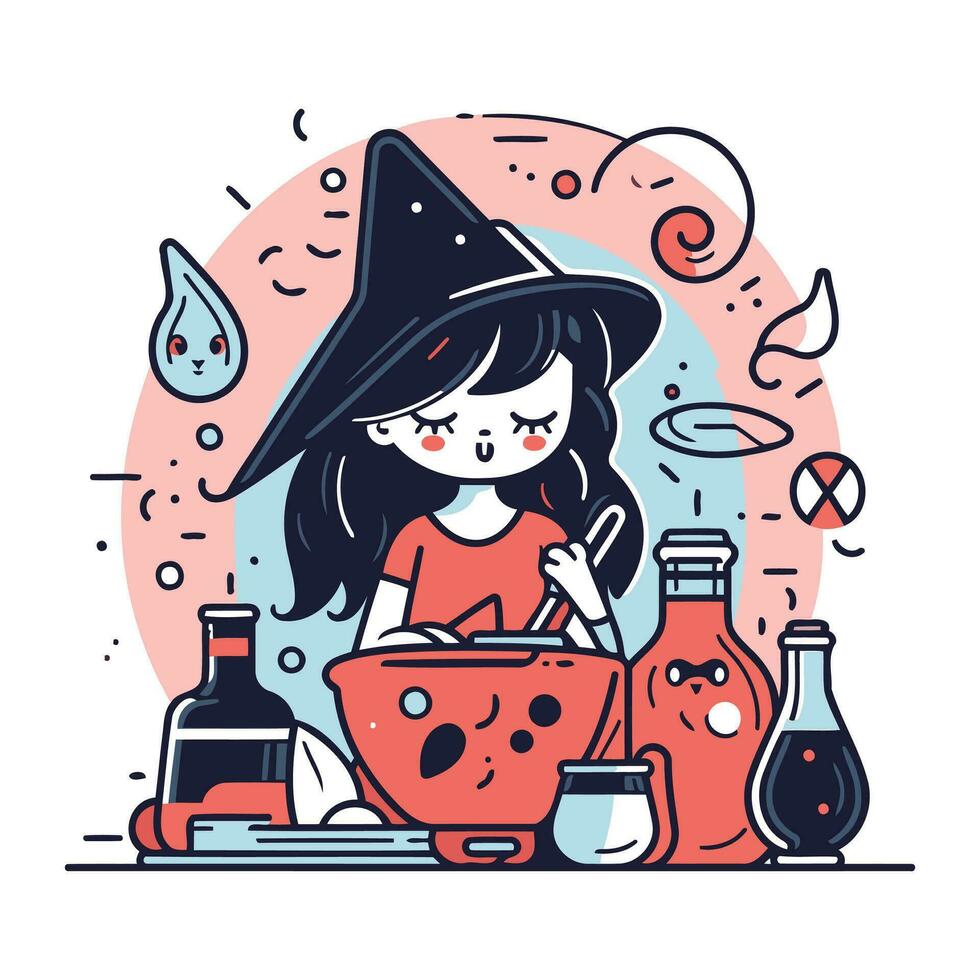 Cute little girl in witch costume preparing potion. Vector illustration.