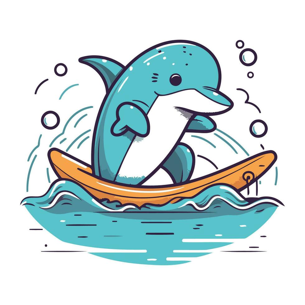 Dolphin jumping out of the boat. Vector illustration in cartoon style.