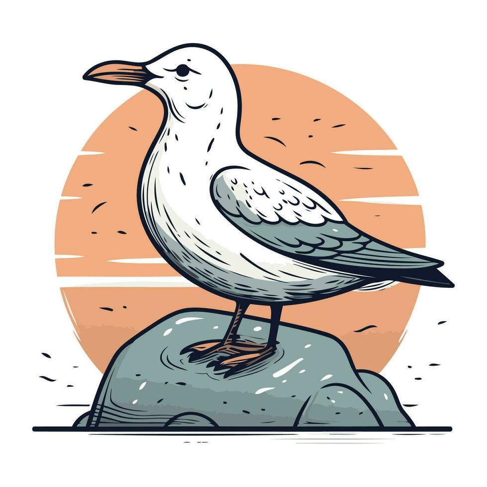 Gaviota sentado en un roca. vector ilustración en dibujos animados estilo.