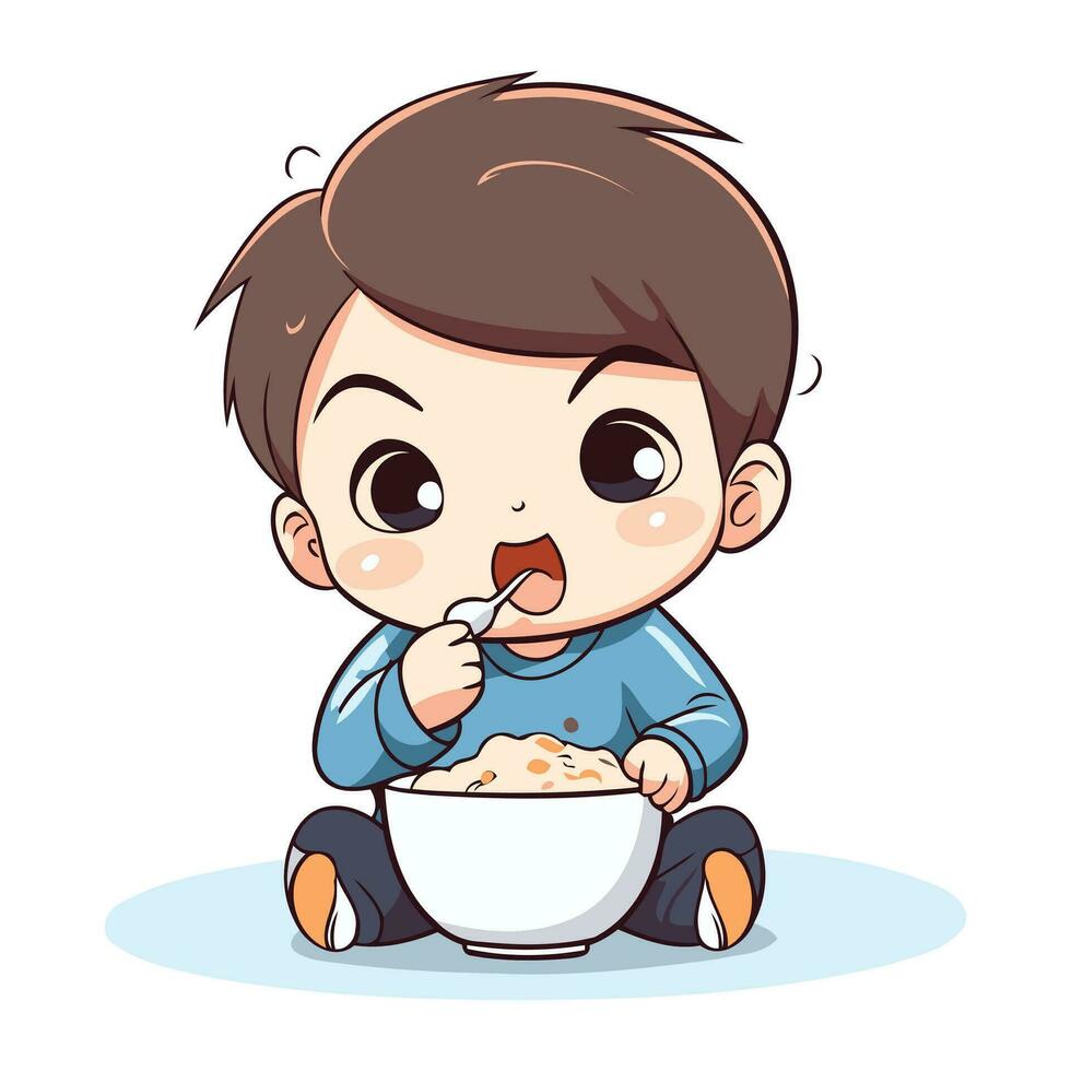 Cute little boy eating cereal. Vector illustration. Isolated on white background.