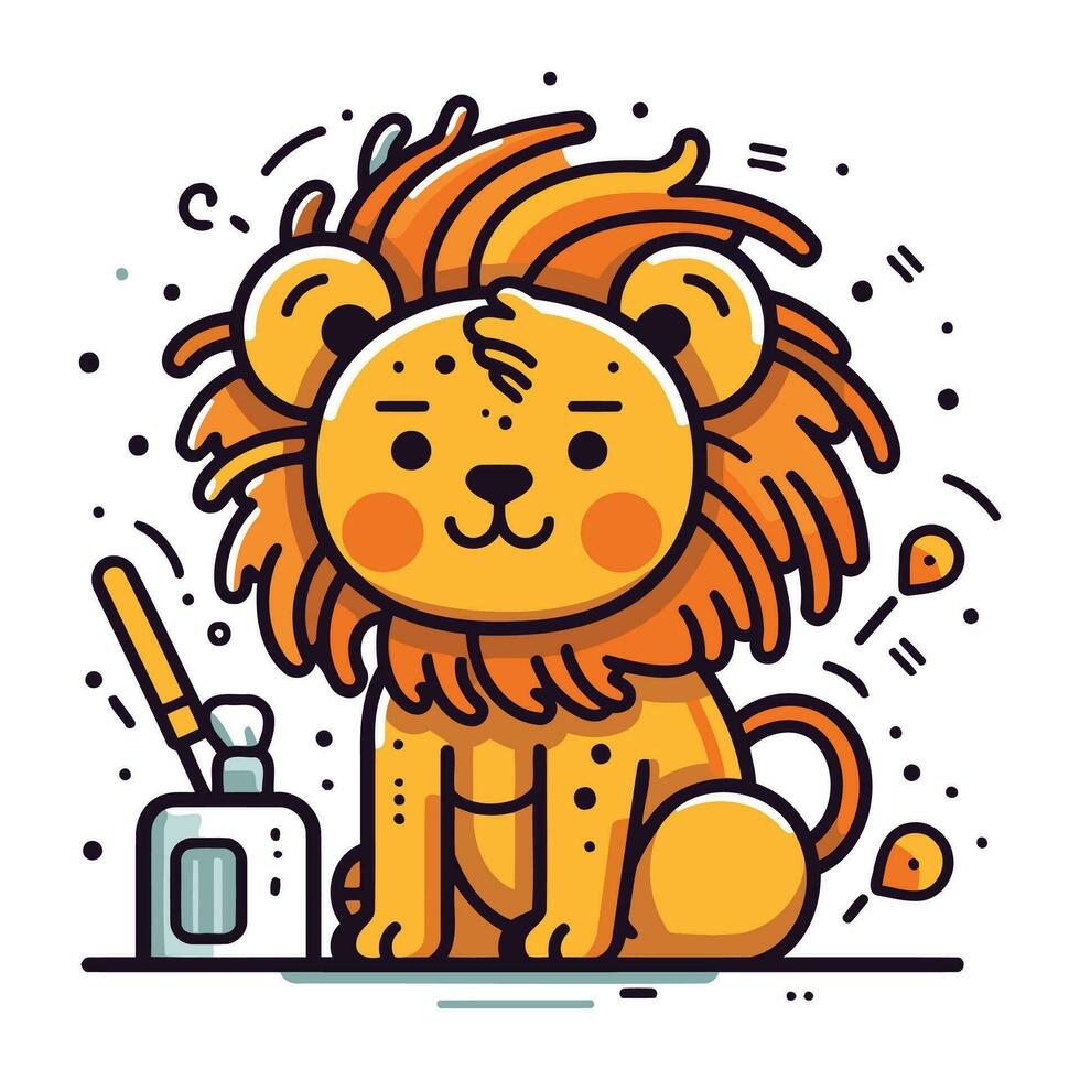 Cute cartoon lion with cosmetics. Vector illustration in flat style.