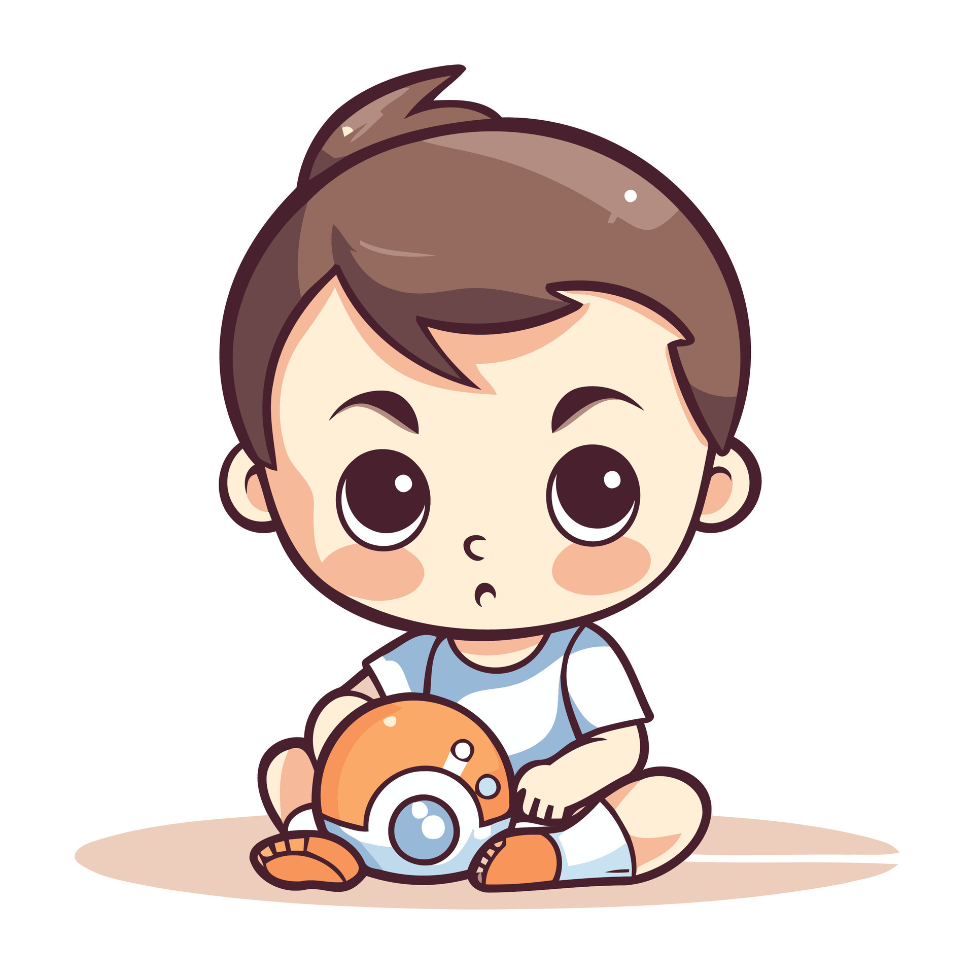 Cute baby boy playing with toys. Vector illustration in cartoon style