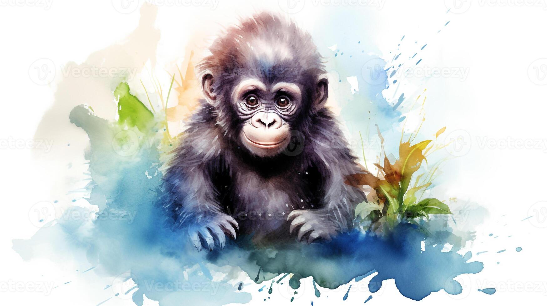 a cute little Gorilla in watercolor style. Generative AI photo