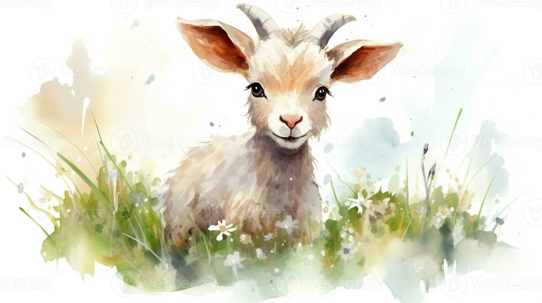 a cute little Goat in watercolor style. Generative AI photo