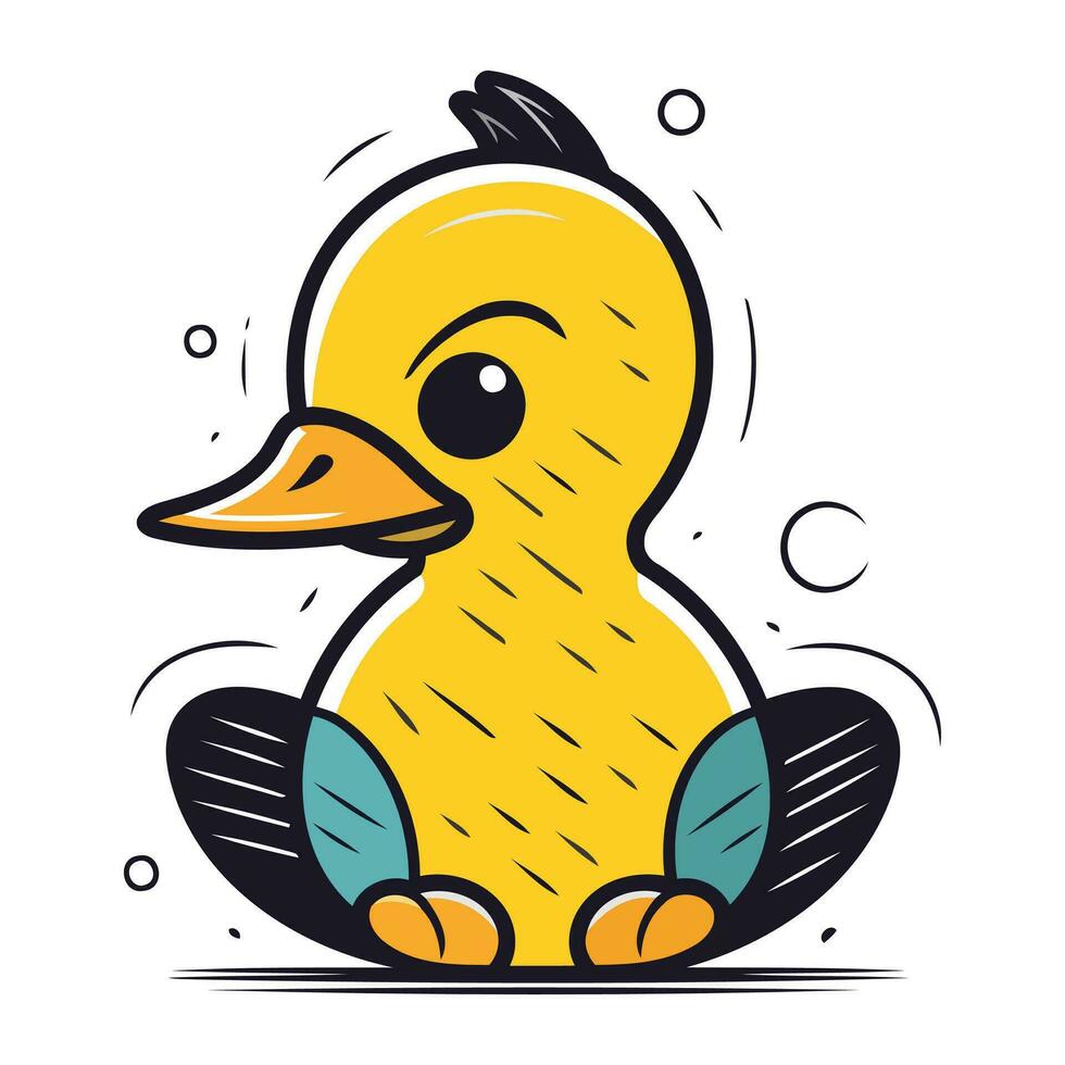 Vector illustration of cute yellow duck on white background. Line art style.