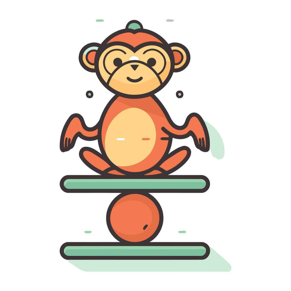 Cute monkey sitting on a seesaw. Vector illustration in flat style.