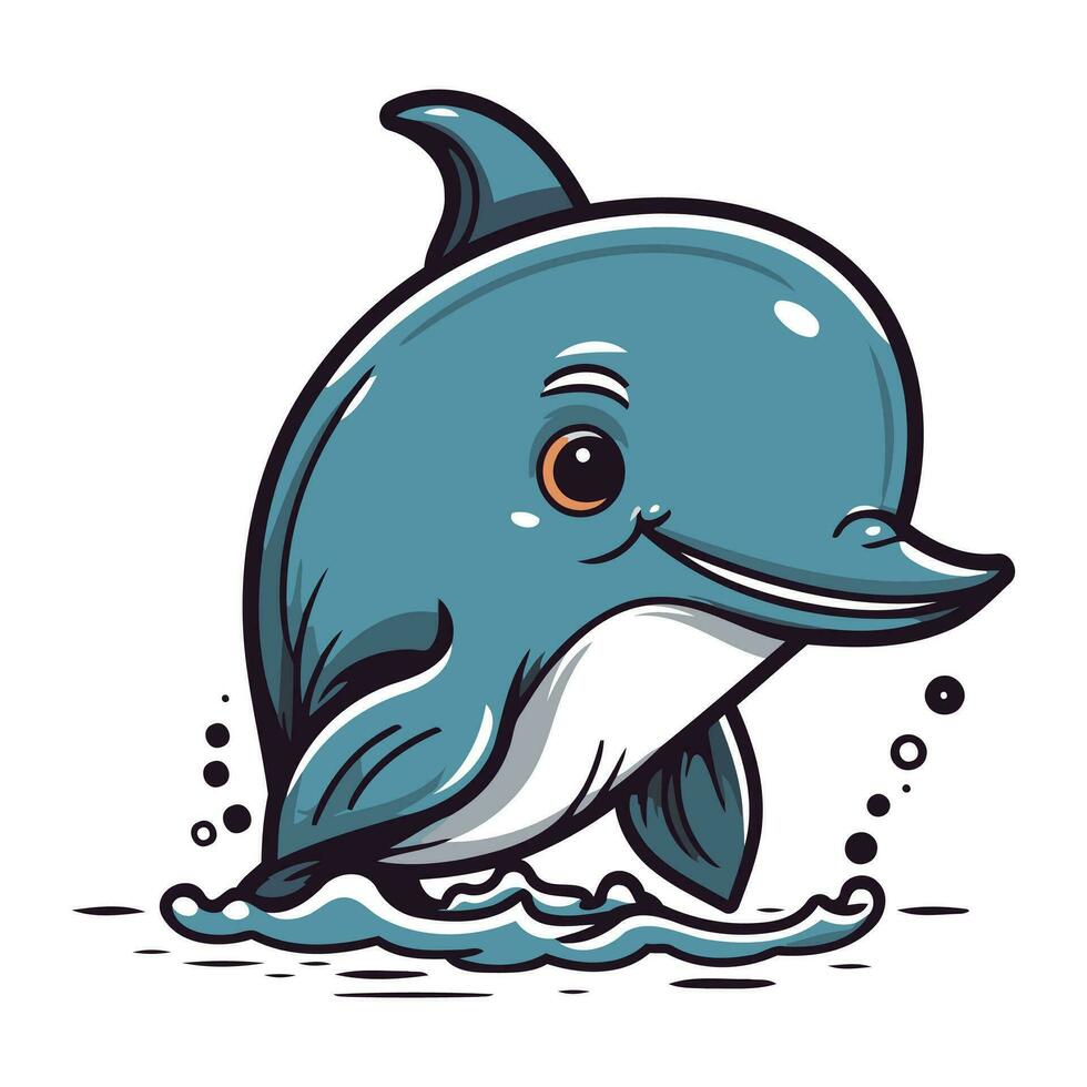 Cute cartoon dolphin jumping out of the water. Vector illustration.