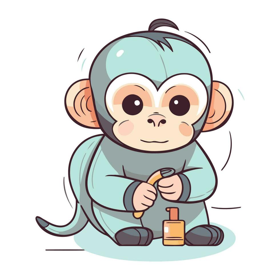 Cute monkey with a bottle of nail polish. Vector illustration.