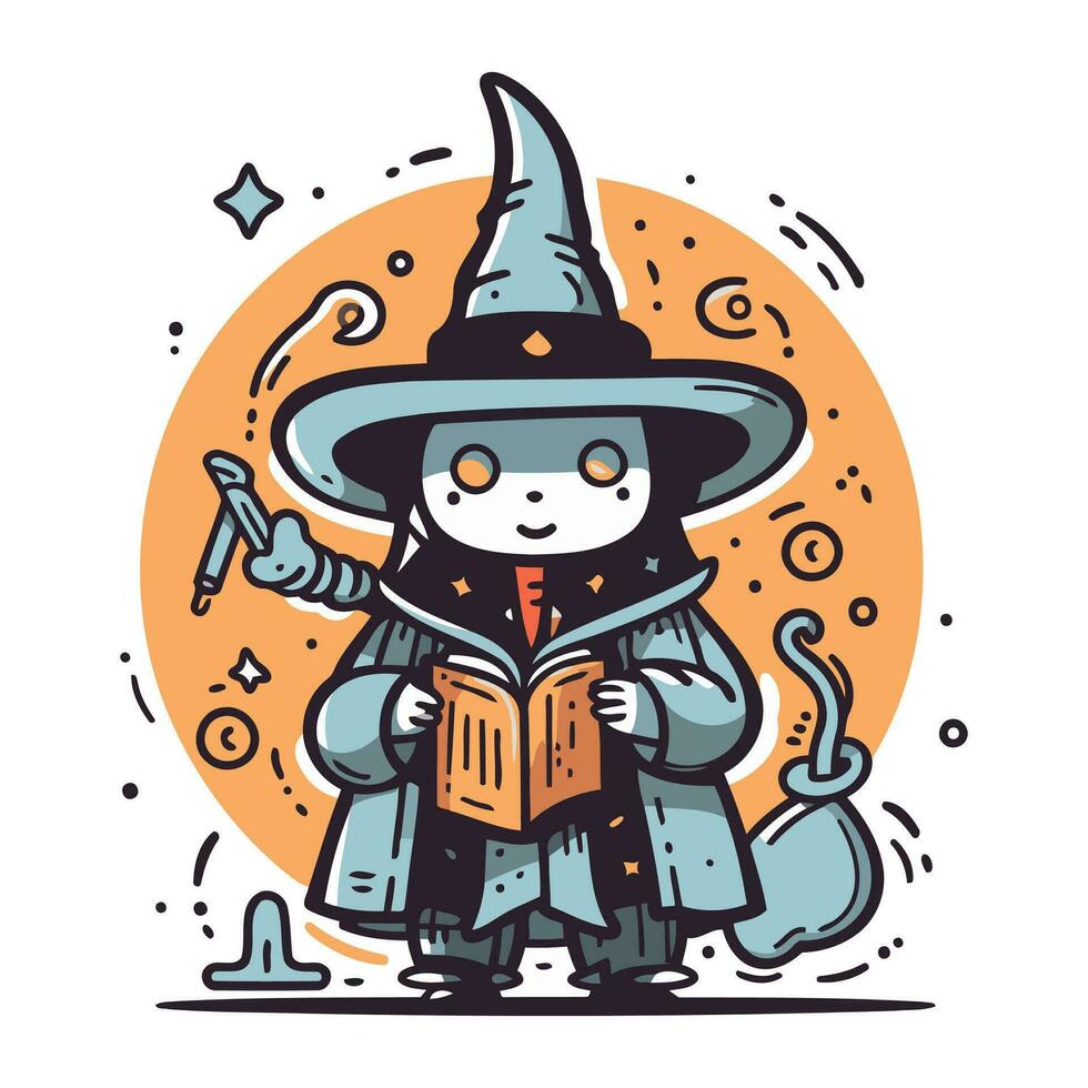 Cute cartoon witch reading a book. Vector illustration. Halloween.