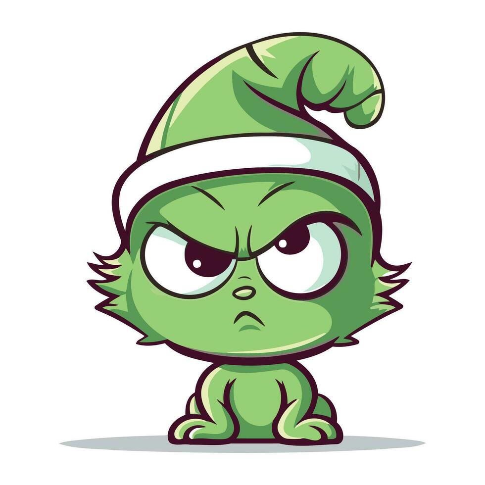 Angry cartoon green monster in christmas hat. Vector illustration.