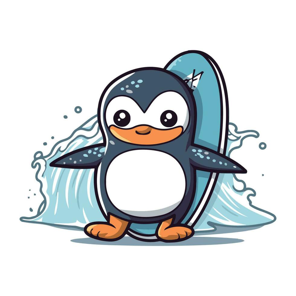 Cute penguin with surfboard. Vector illustration on white background.