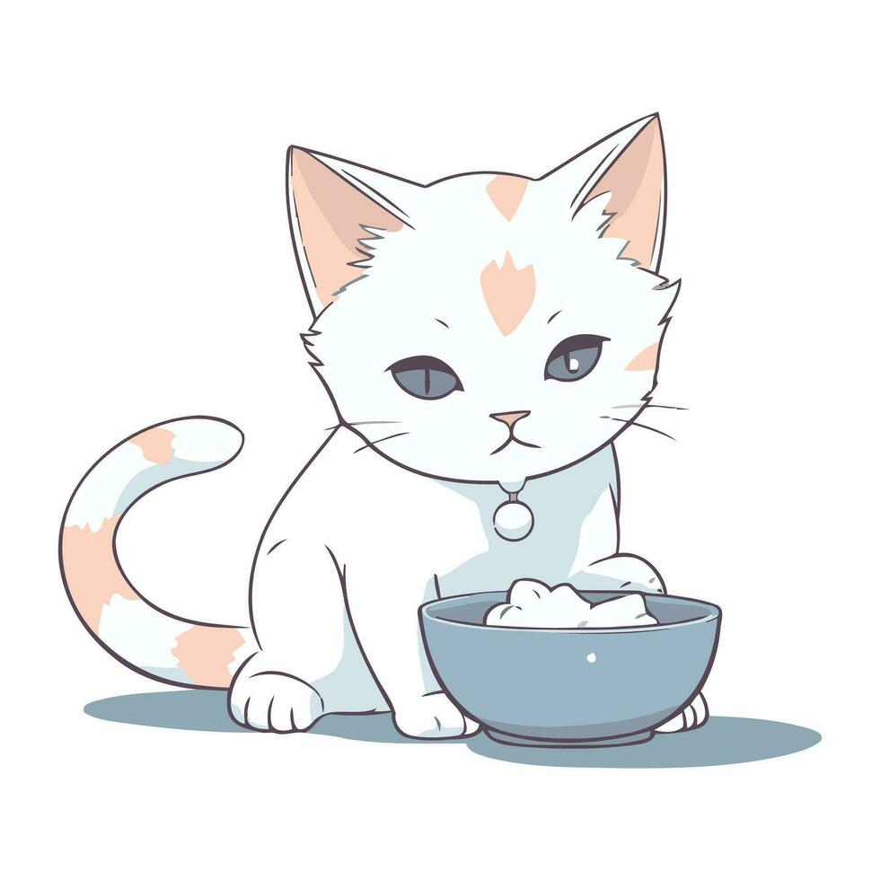 linda gato y cuenco de leche. vector ilustración en dibujos animados estilo.