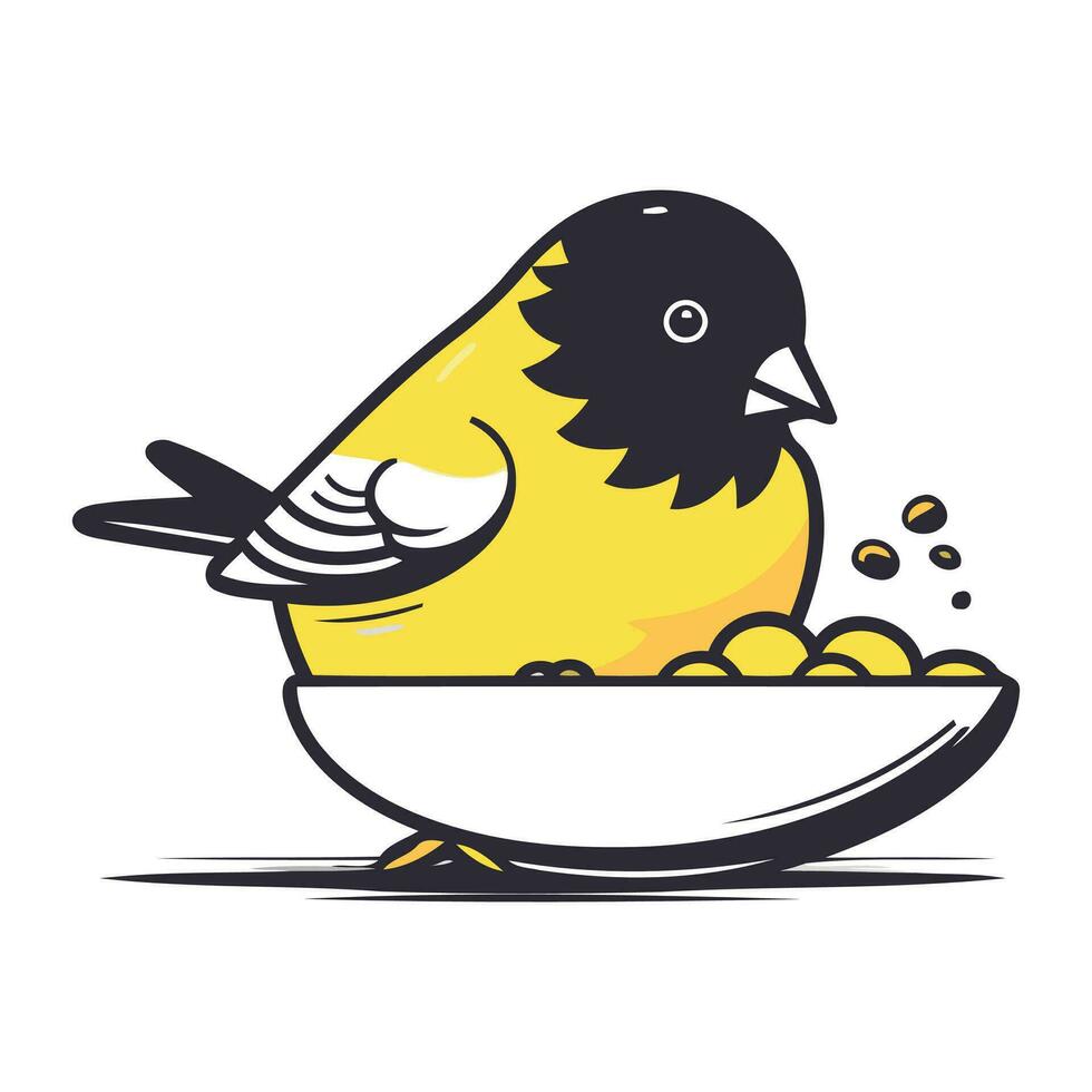 Cute little bird eating from a bowl of food. Vector illustration.