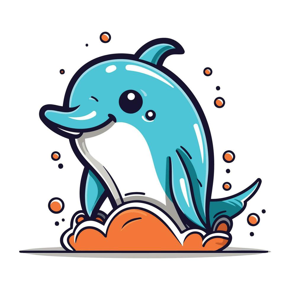 Cute cartoon dolphin jumping out of the water. Vector illustration.