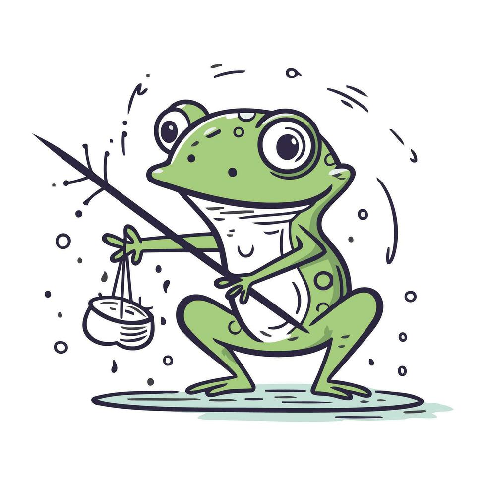 Frog with a fishing rod. Vector illustration in cartoon style