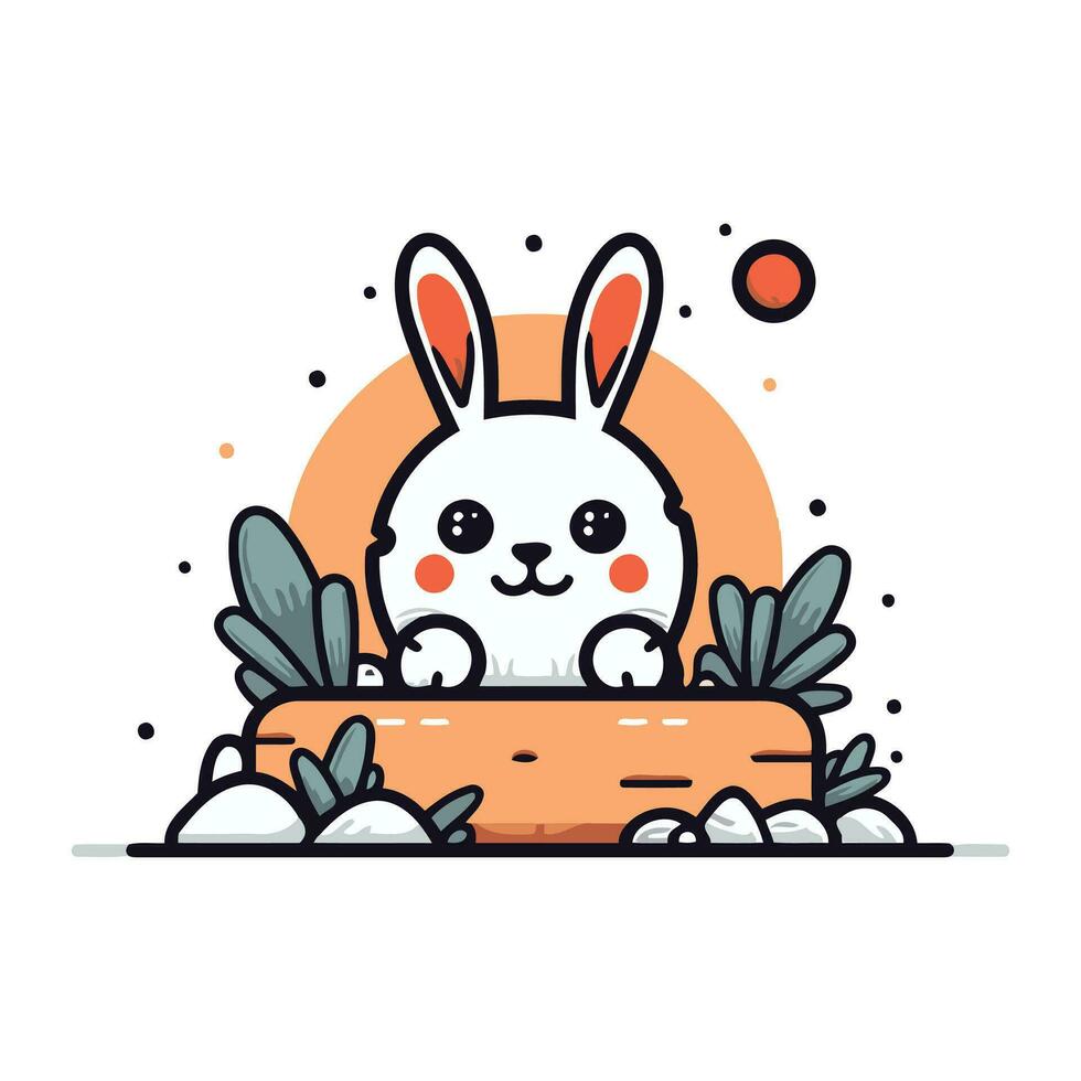 Cute rabbit in the garden. Vector illustration in flat style.