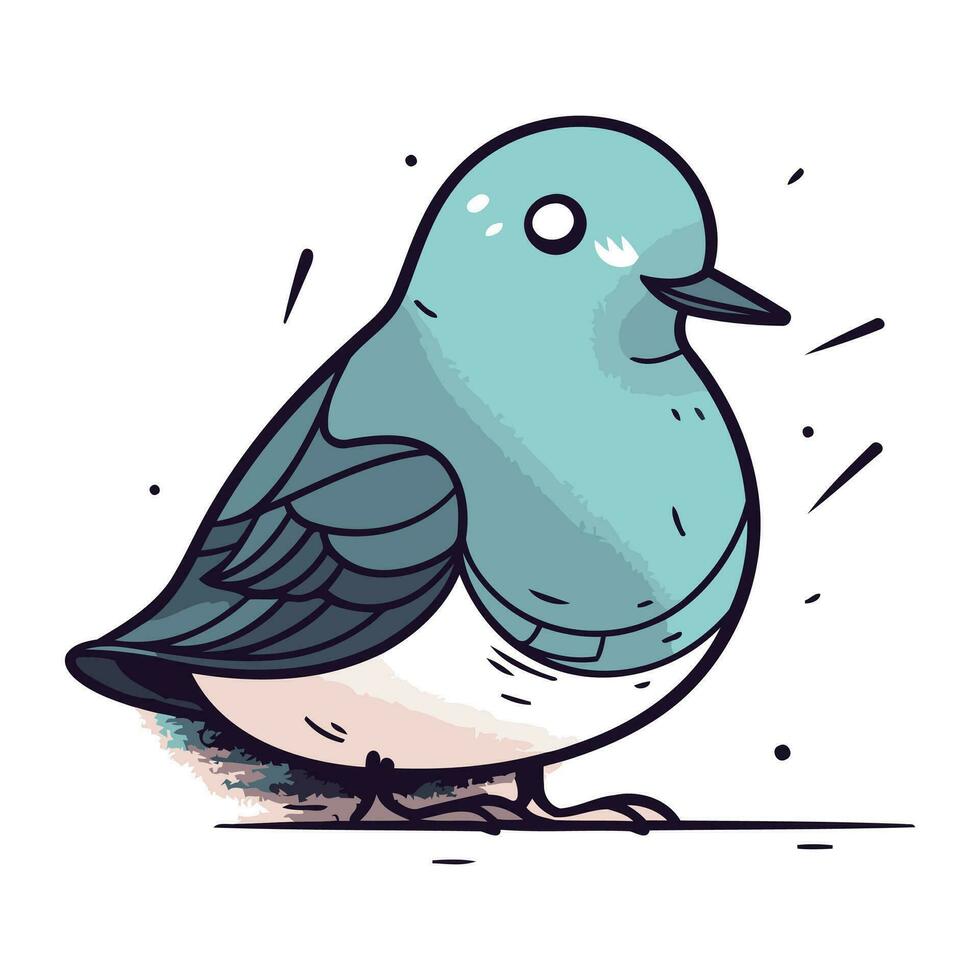 Vector illustration of cute blue bird. Hand drawn doodle bird.