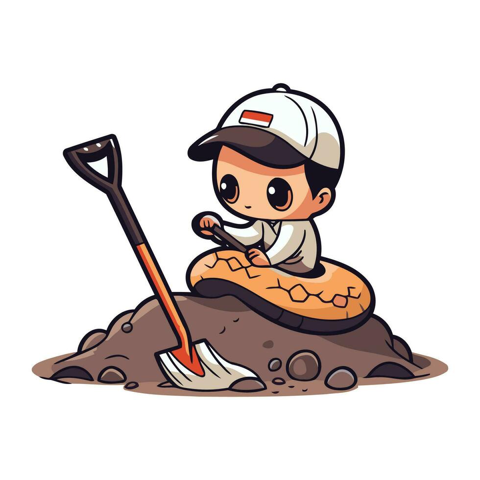 linda chico excavación un agujero en el suelo. vector ilustración.