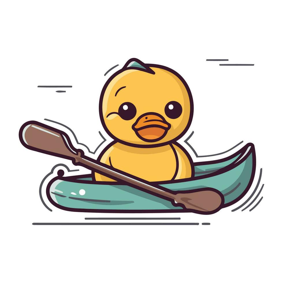 linda dibujos animados amarillo caucho Pato en un kayac. vector ilustración.