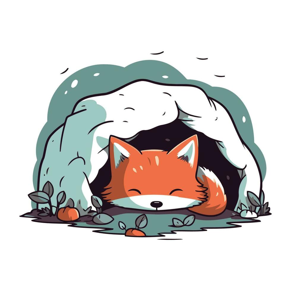 Cute fox sleeping in a cave. Vector illustration in cartoon style.