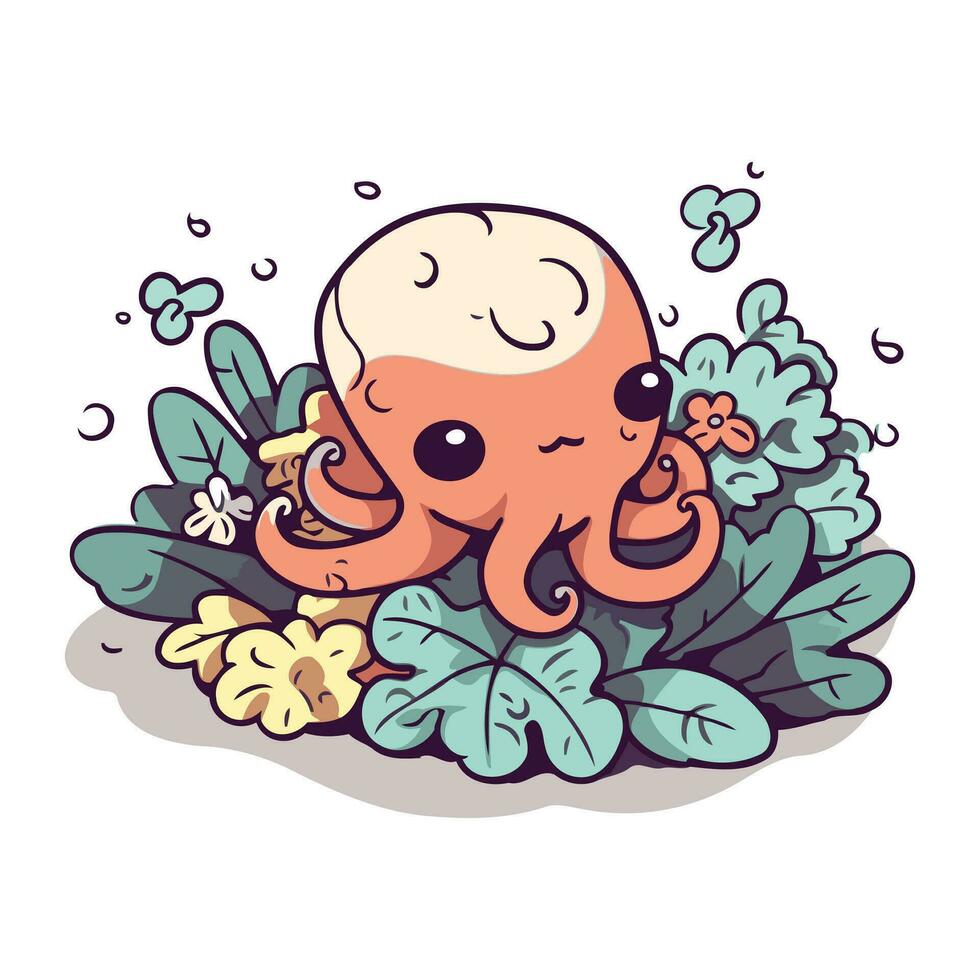 Illustration of cute octopus with flowers and leaves. Vector illustration.