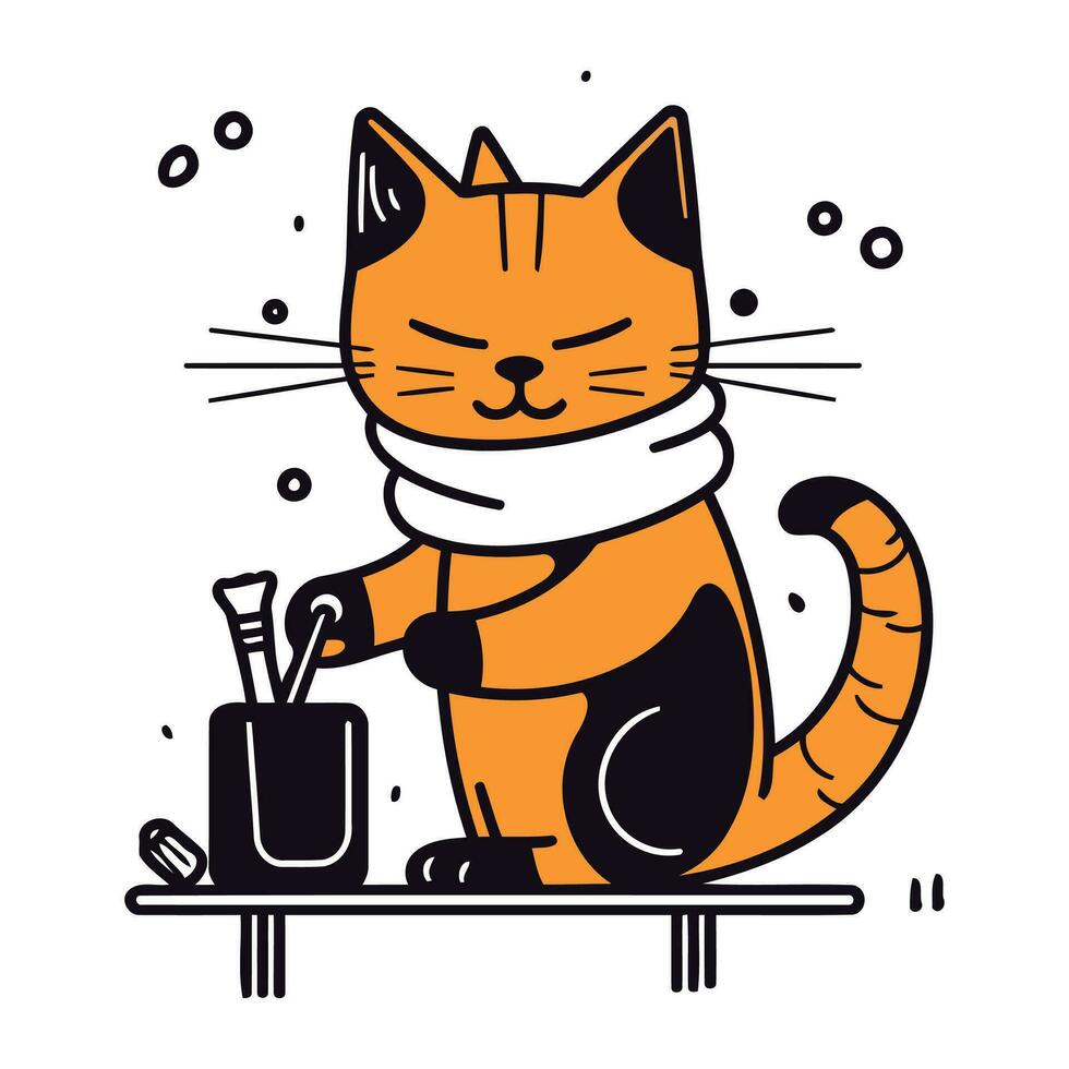 Cute cat in scarf sitting on the table. Vector illustration.