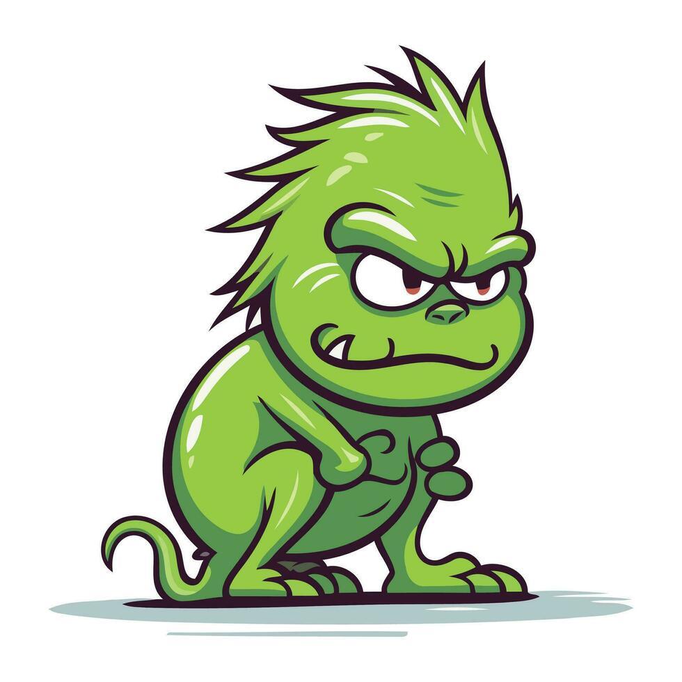 Angry cartoon green monster. Vector illustration isolated on white background.