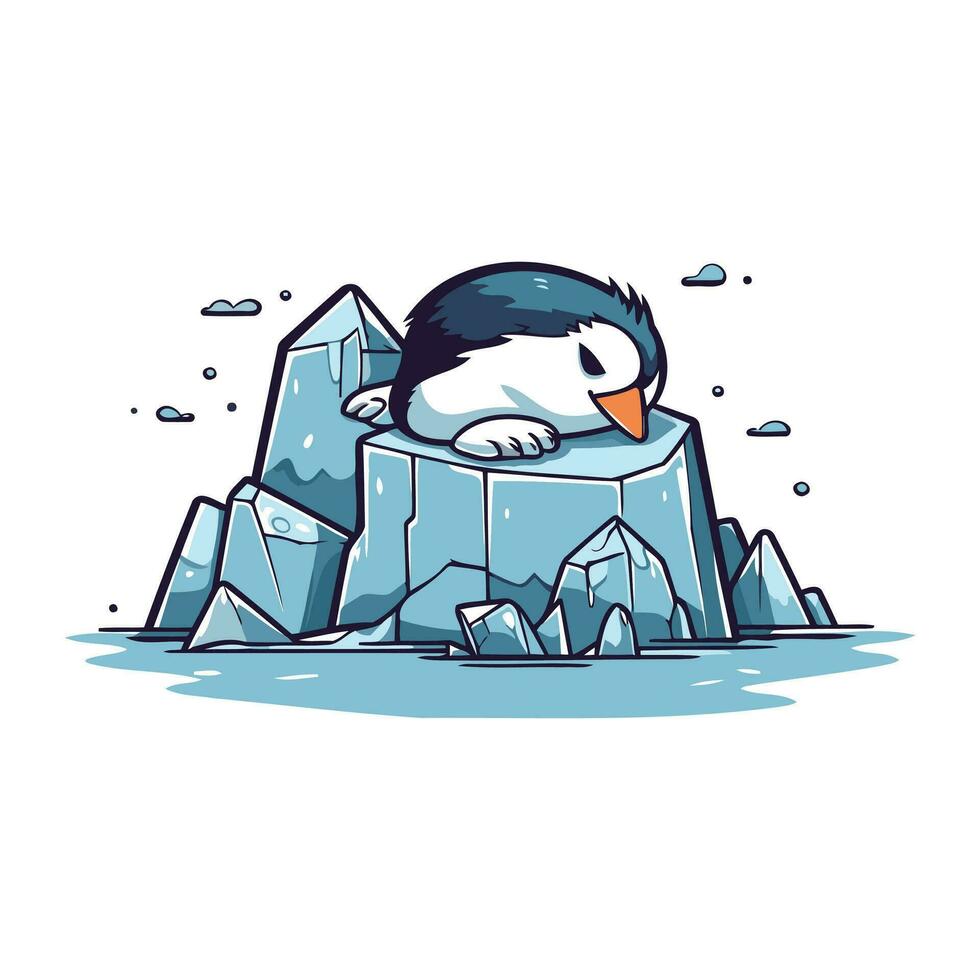 linda pingüino dormido en iceberg. vector ilustración en dibujos animados estilo.