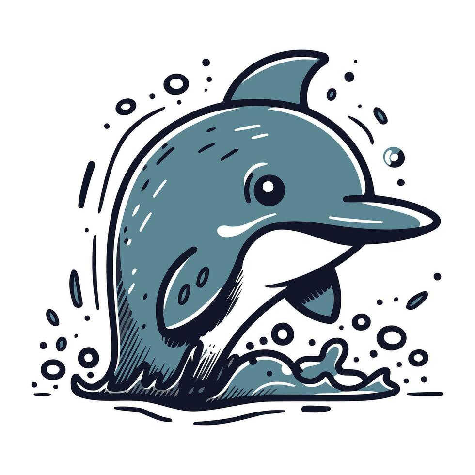 Dolphin jumping out of water. Vector illustration on white background.