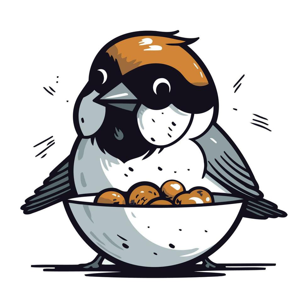 Cartoon vector illustration of a cute little bird with a bowl of nuts.