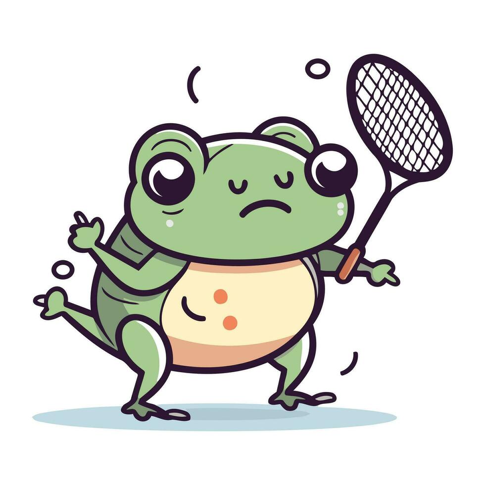 Frog with badminton racket and ball. Vector illustration.