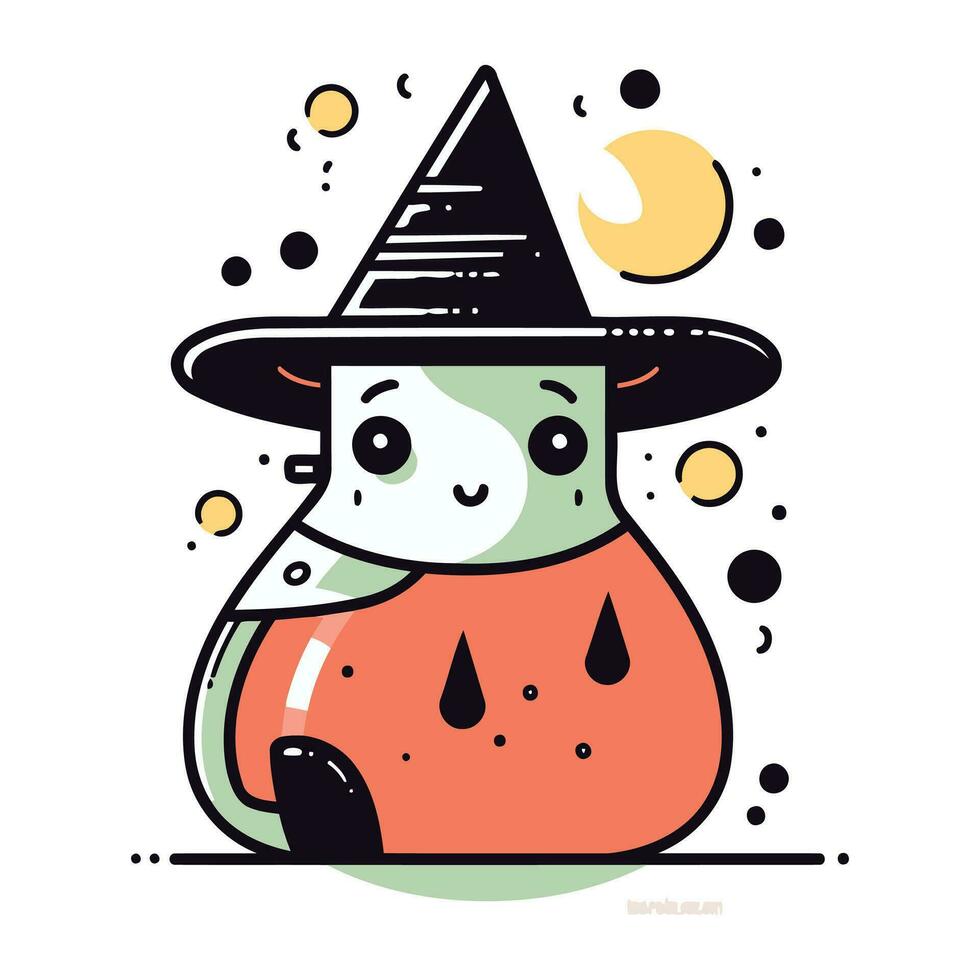 Víspera de Todos los Santos vector ilustración. linda dibujos animados personaje en un bruja sombrero.