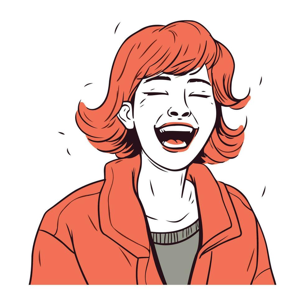 Young woman with red hair in a red coat. Vector illustration.