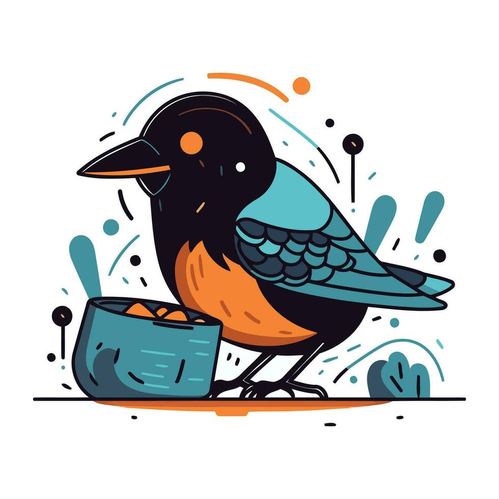 Cute cartoon crow with a bowl of food. Vector illustration.