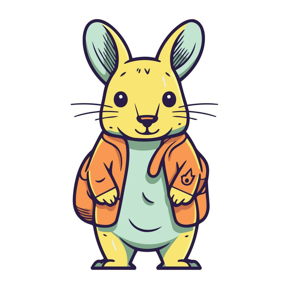 Cute cartoon mouse in orange raincoat. Vector illustration for children.