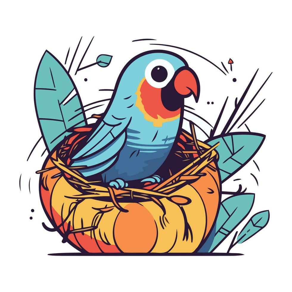 Cute parrot in the nest. Vector illustration in cartoon style.