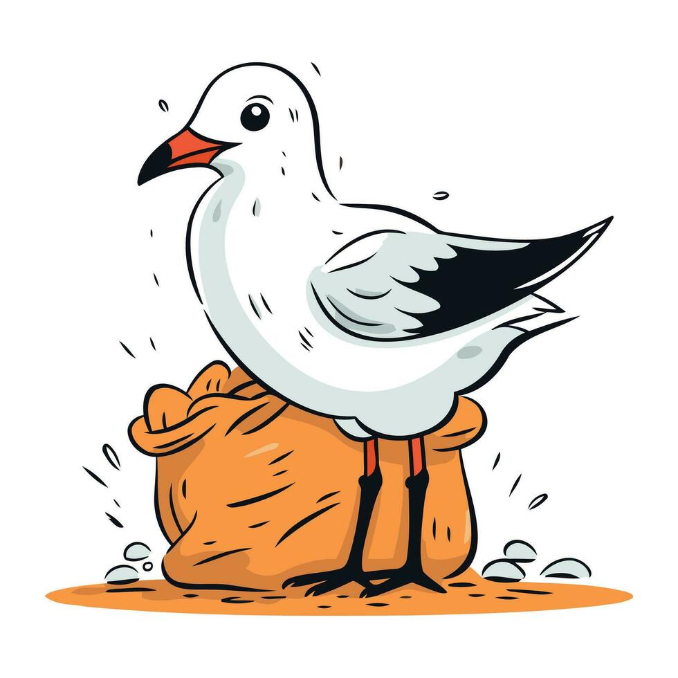 Vector illustration of a seagull sitting on a bag of food.