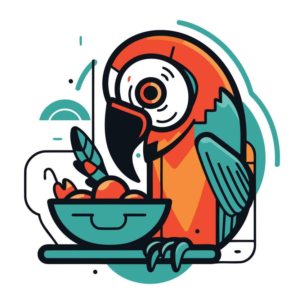 loro. guacamayo y cuenco de alimento. vector ilustración.