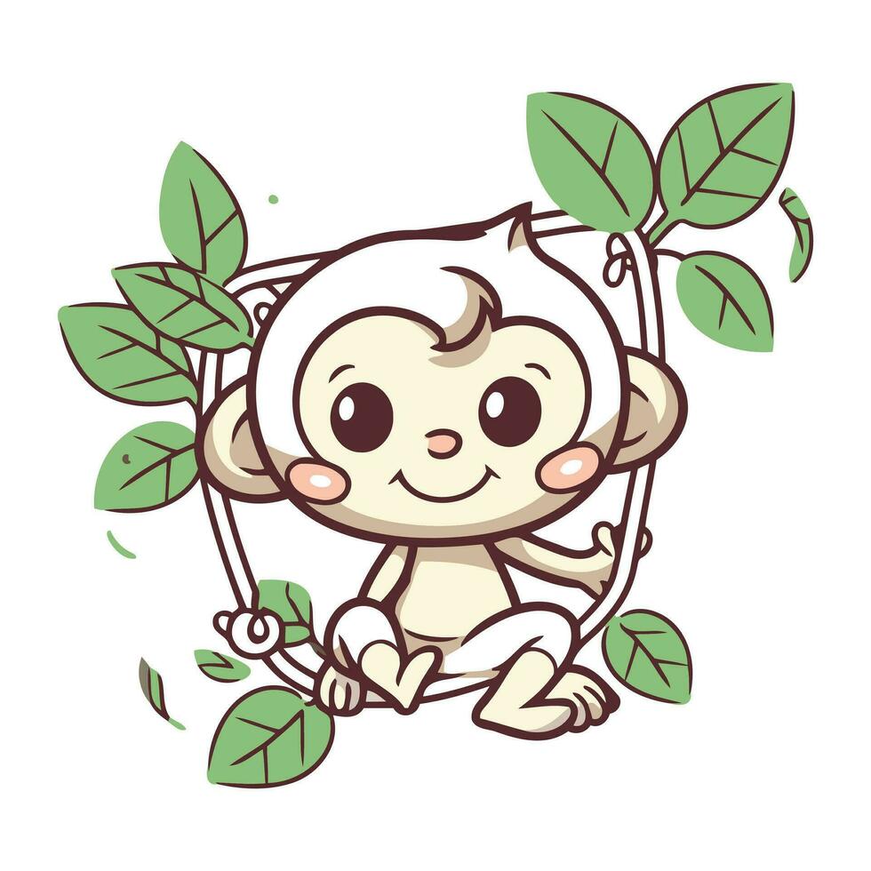 Cute cartoon baby monkey sitting on a branch with leaves. Vector illustration.