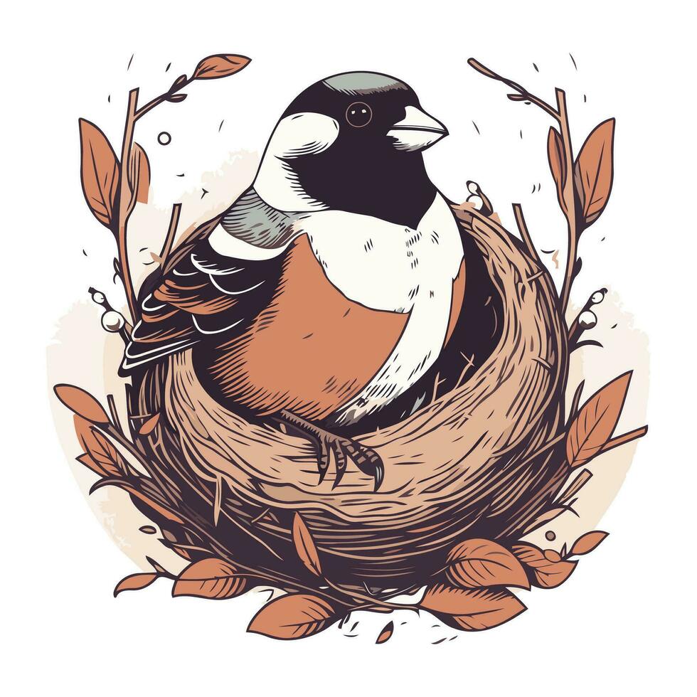 Bullfinch in the nest. Hand drawn vector illustration. Vintage style.