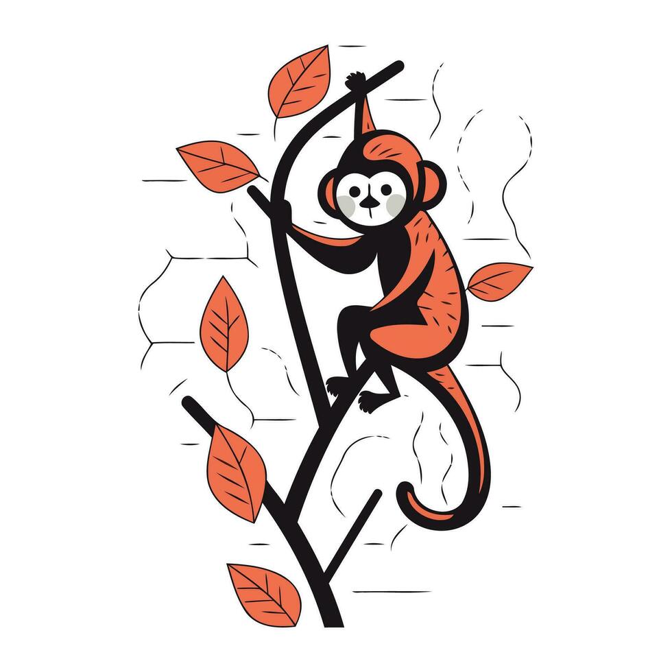 Cute monkey on a tree branch with leaves. vector illustration.